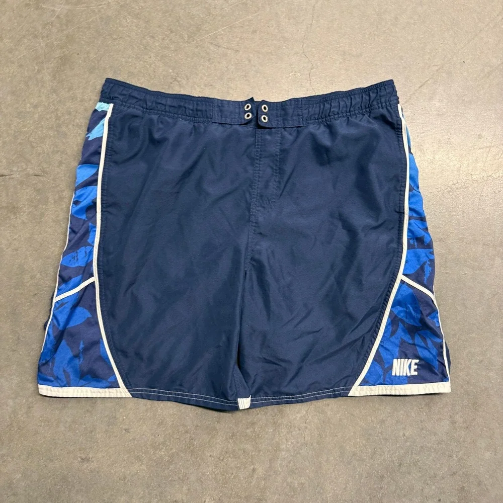 Nike Mens XL Swim Trunks Navy Blue Floral Side Panel Board Shorts Mesh Lined